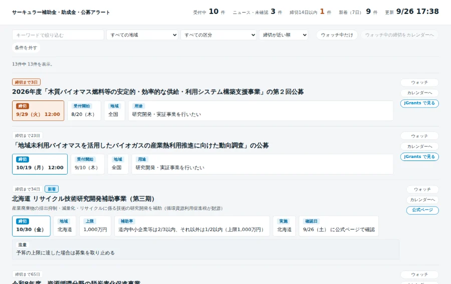 サーキュラー補助金・助成金・公募アラート