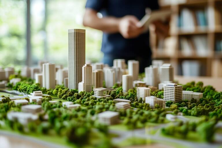 Architectural model of a modern city with high-rise buildings